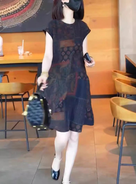 英国cherrykoko夏季新款圆领宽松印花连衣裙中长款显瘦女裙