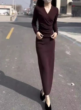 英国cherrykoko秋季新款色v领长袖修身连衣裙时尚显瘦长裙