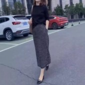 色宽松t恤侧边开叉条纹半身裙女装 英国cherrykoko秋季 新款