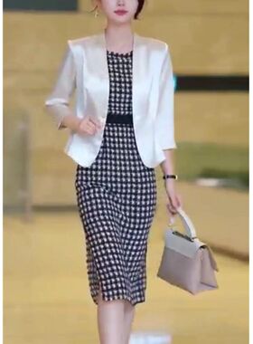 英国cherrykoko夏季新款显瘦格子连衣裙搭配西服外套洋气女