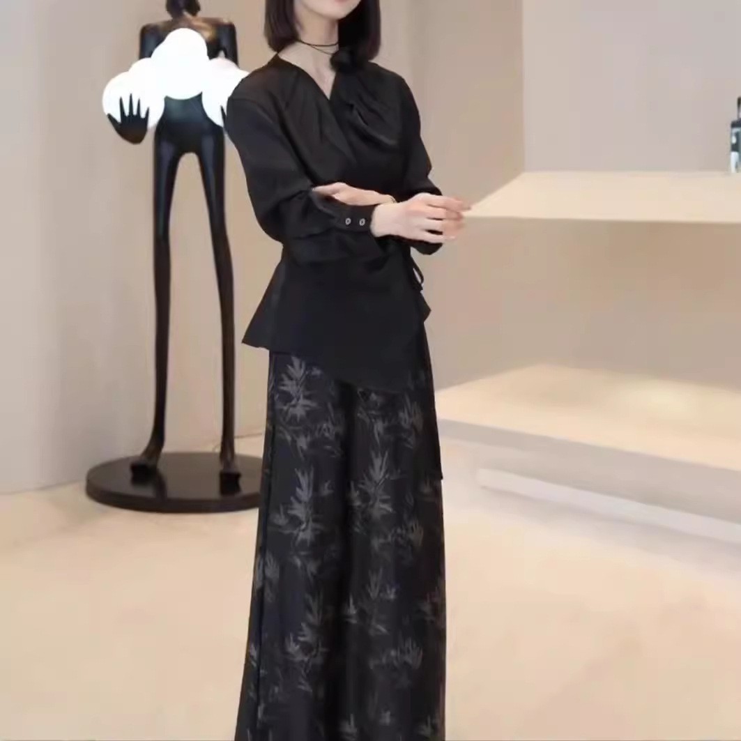 英国cherrykoko秋季新款欧货洋气压褶长袖衬衫印花半身裙女
