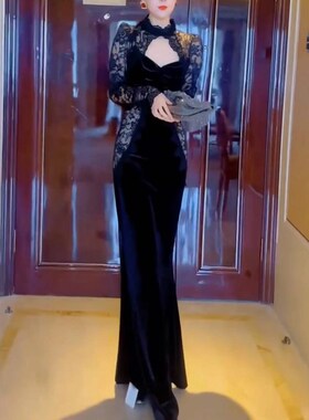 英国cherrykoko春季新款法式蕾丝拼接丝绒女裙包臀鱼尾长裙