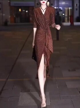 英国cherrykoko新款女神范优雅显瘦v领长裙洋气开叉连衣裙女