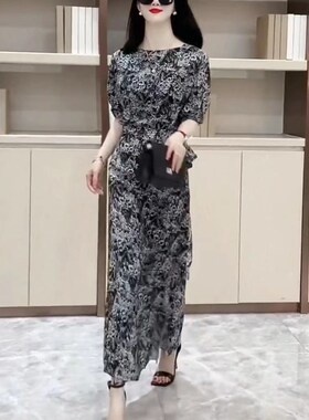 英国cherrykoko夏季新款宽松印花长款连衣裙时尚显瘦女