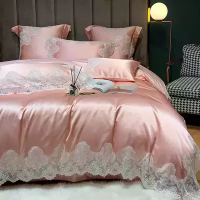 High-end light luxury style lace edge 120 silk cotton four-piece Princess wind hot diamond cotton quilt cover Bedding