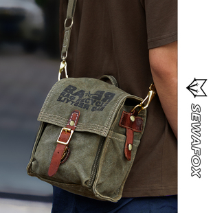 复古斜挎包男士牛皮帆布户外手机包男款小型高级感单肩男包轻便