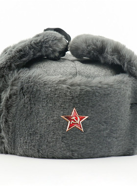 苏联俄罗斯乌沙卡棉帽M69红军之星灰冬帽栽绒冬季雷锋帽保暖帽子