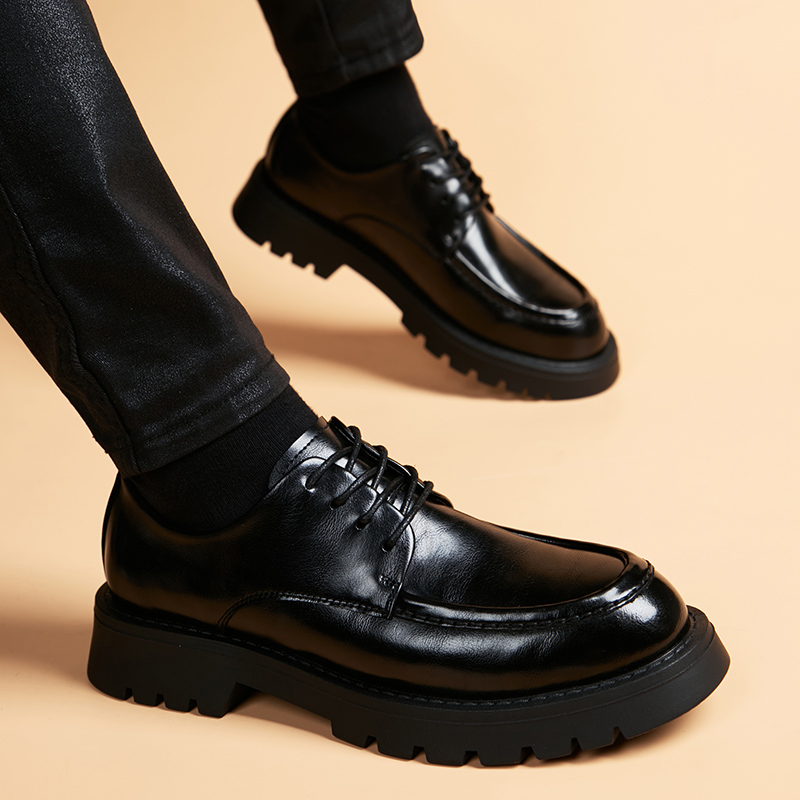 春季皮鞋男真牛皮韩版英伦休闲黑色潮流厚底内增高软底发型师男鞋