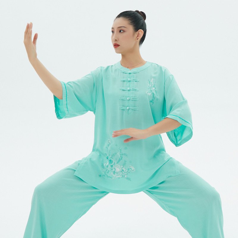 太极服女夏天棉麻新款短袖薄款亚麻绣花春秋上衣太极拳套装练功服