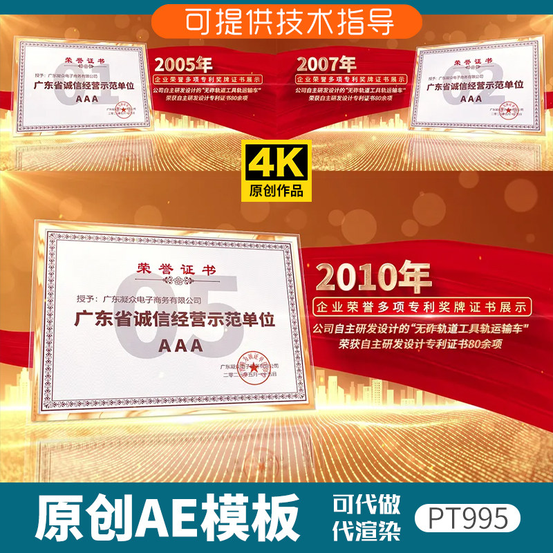 995金色奖牌专利证书展示AE设计素材/源文件