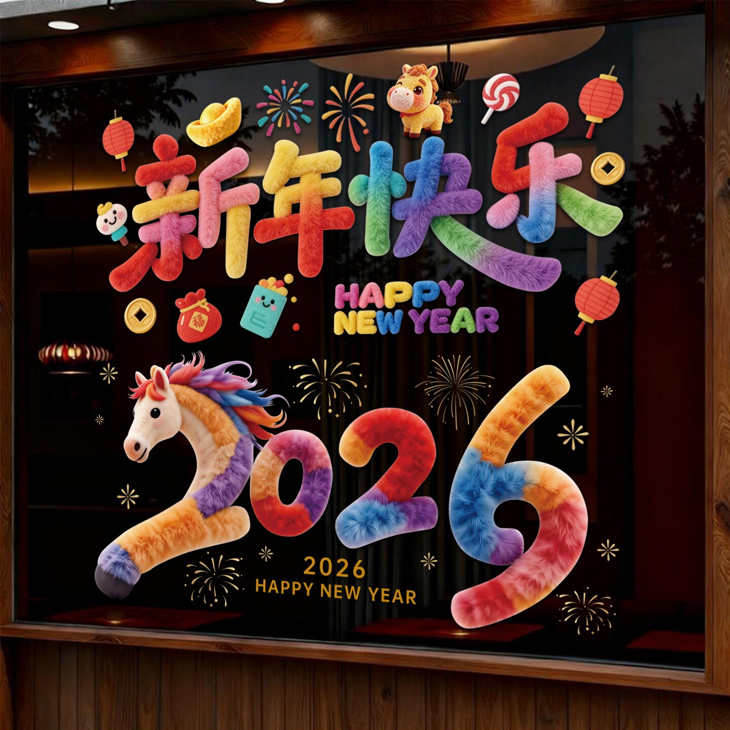 2026新年立体窗花马年装饰5D毛绒贴纸静电橱窗贴春节过年元旦布置
