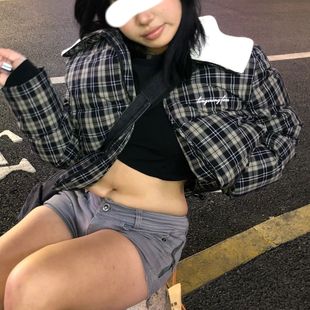 手塞棉 针织拼接短款 23AW新款 面包棉服外套上衣女 格纹冬季