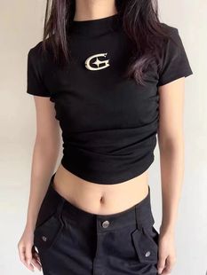 女夏季 纯棉新款 T恤logo高级感上衣辣妹风短袖 小众设计黑色短款