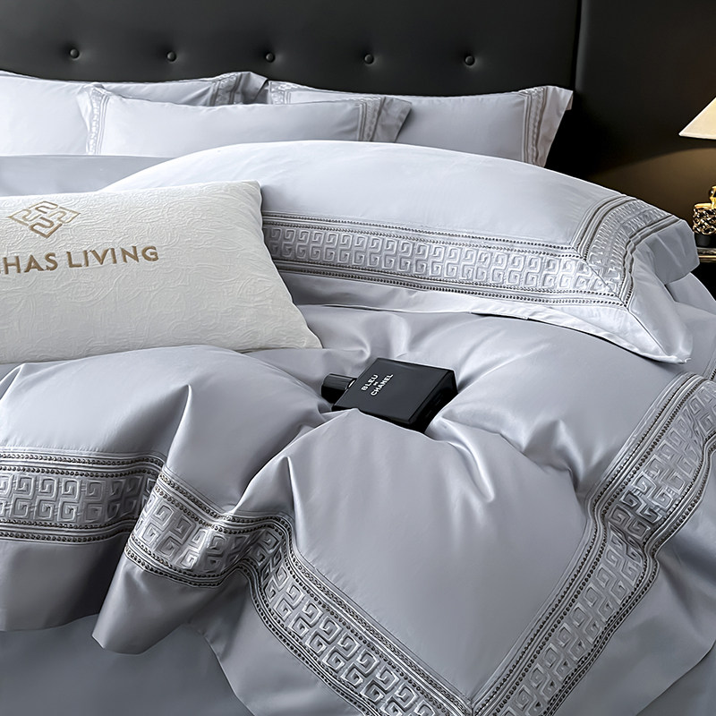 200支长绒棉四件套全棉刺绣轻奢酒店风亲肤裸睡卧室床品套件 浅灰,床上用品,床品套件/四件套/多件套,淘宝优惠券,粉丝福利购,淘宝优惠卷