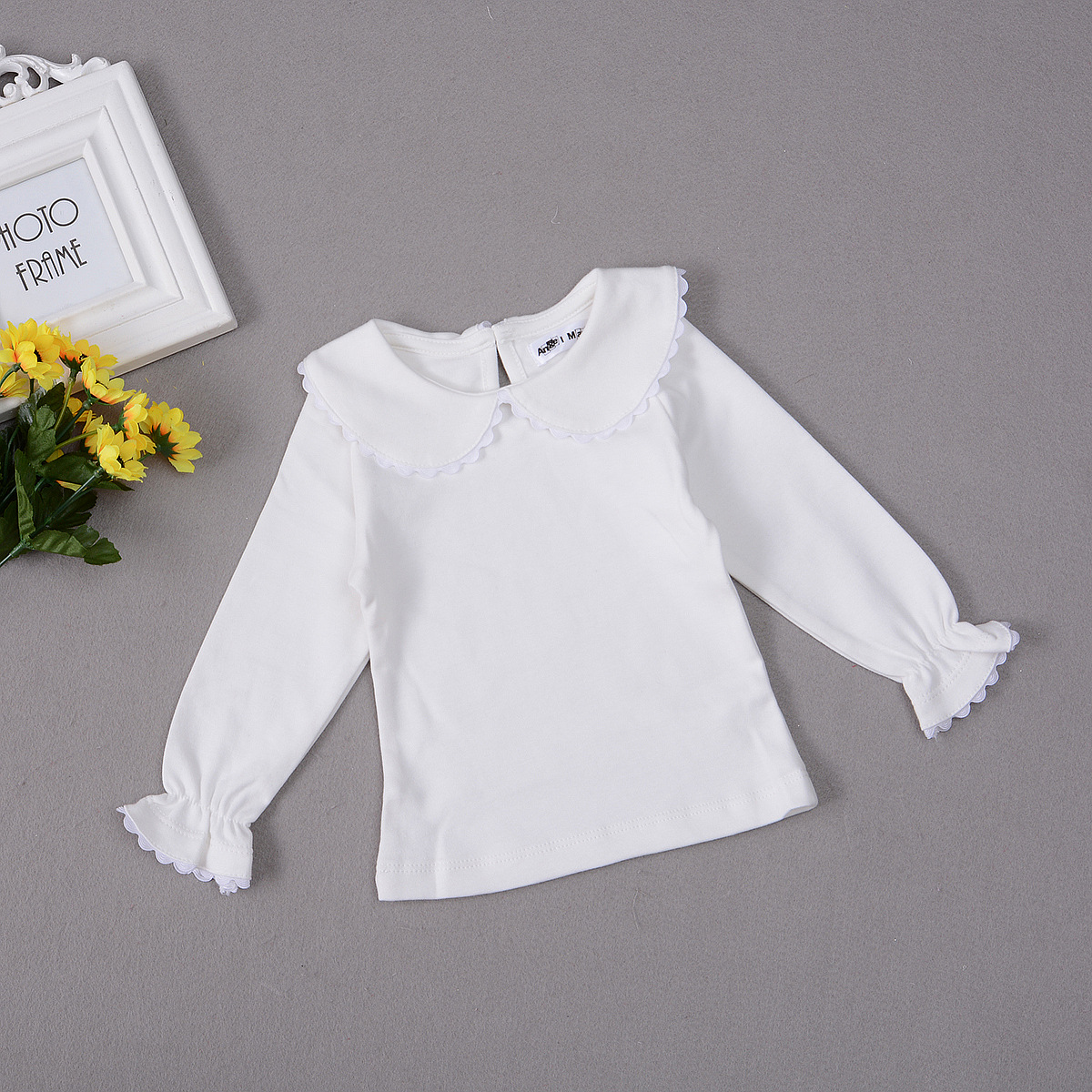 DD06宝宝全棉打底衫婴儿长袖上衣T恤米白色娃娃领翻领加厚打底衫