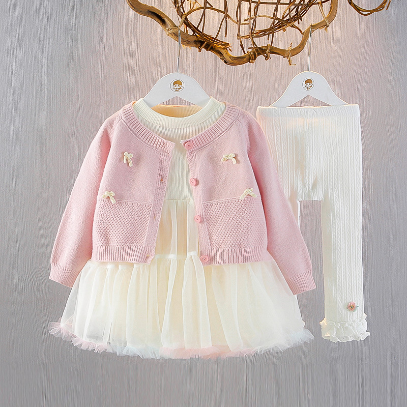 女宝宝洋气公主裙三件套春秋季女童洋气春装针织衫连衣裙套装新潮