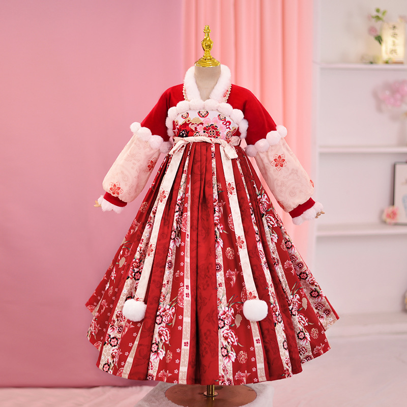 女童汉服长袖加绒保暖冬款中国风儿童唐装女宝宝仙气拜年服连衣裙