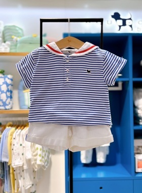 韩版童装一件代发夏款男女宝宝条纹海军领短袖短裤两件套装MA310