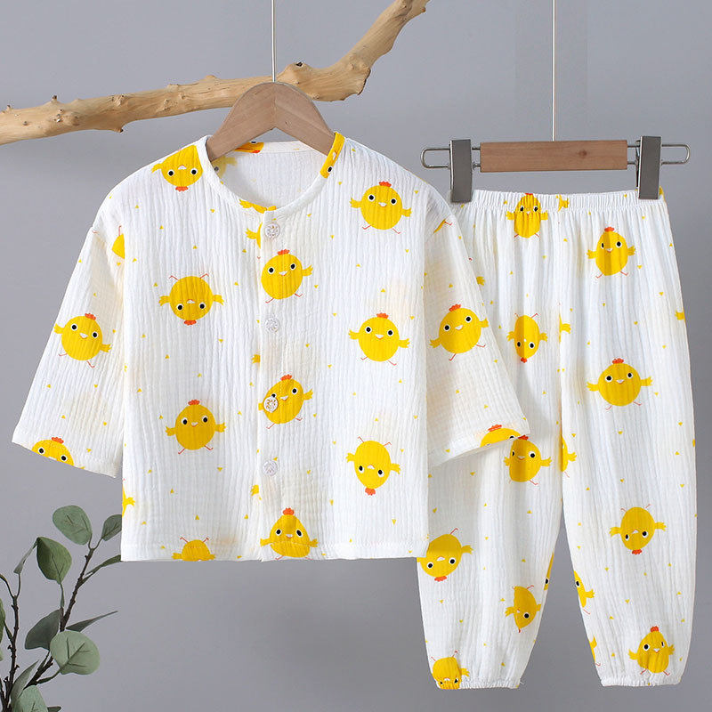 春夏季纯棉纱布男孩女童睡衣长袖儿童韩版春秋家居服宝宝套装批发