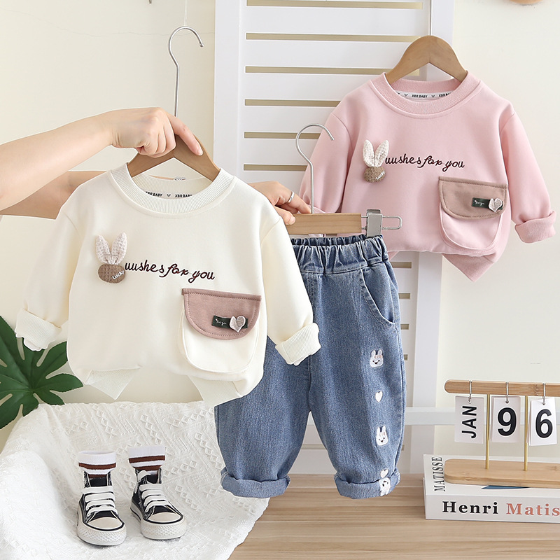 2025秋季外贸新款女童卡通圆领长袖套装女宝宝休闲牛仔长裤