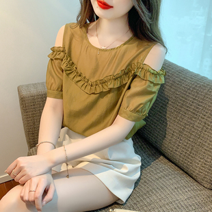 女露肩雪纺衫 2025年新款 短袖 夏季 上衣 时髦时尚 洋气遮肚子显瘦衬衫