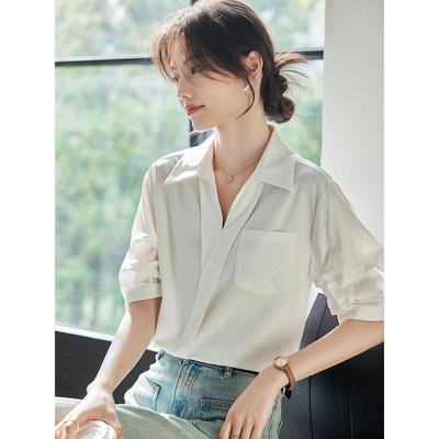 宽松型百搭套头短袖口袋雪纺衬衫