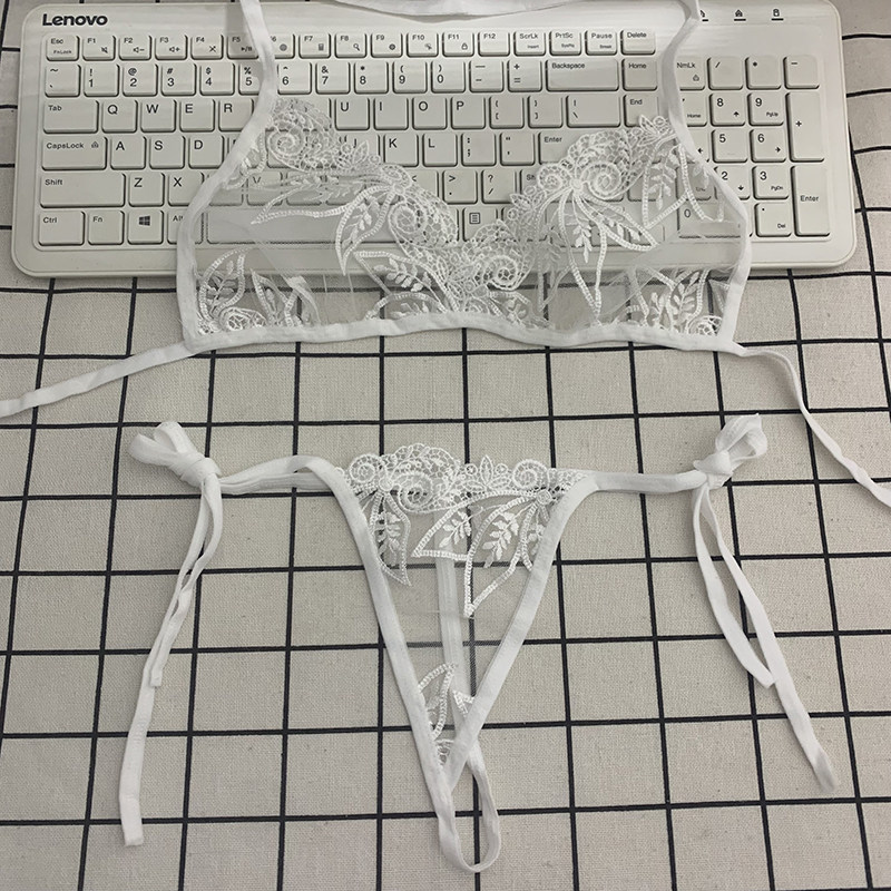 比基尼套装透明刺绣蕾丝丁字裤系带文胸性感火辣诱惑纯欲风女薄新