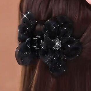 【星影】8cm黑色绢纱花朵抓夹半扎发发卡成人发量少小号鲨鱼夹