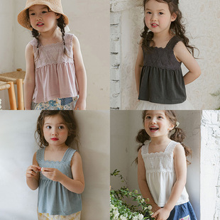 2026夏款草莓珊韩国儿童女童宝棉柔凉爽蕾丝拼接吊带娃娃衫背心