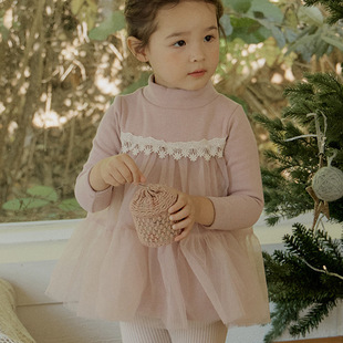 草莓珊韩国女童女孩儿童加绒半高领蕾丝纱纱短裙现货 2026冬款