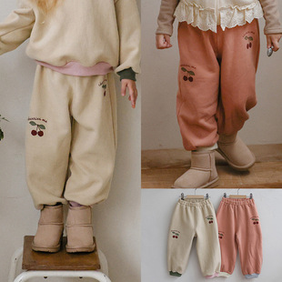 2026冬款 草莓珊韩国儿童女孩可爱樱桃印花宽松休闲运动加绒卫裤
