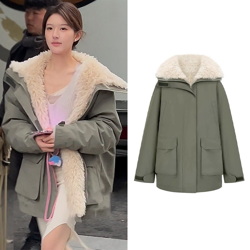 赵露思同款军绿色羊羔毛派克服外套女冬季加厚宽松短款棉服冲锋衣