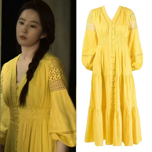 黄亦玫刘亦菲同款长袖V领黄色连衣裙女2025春季新款宽松法式裙子