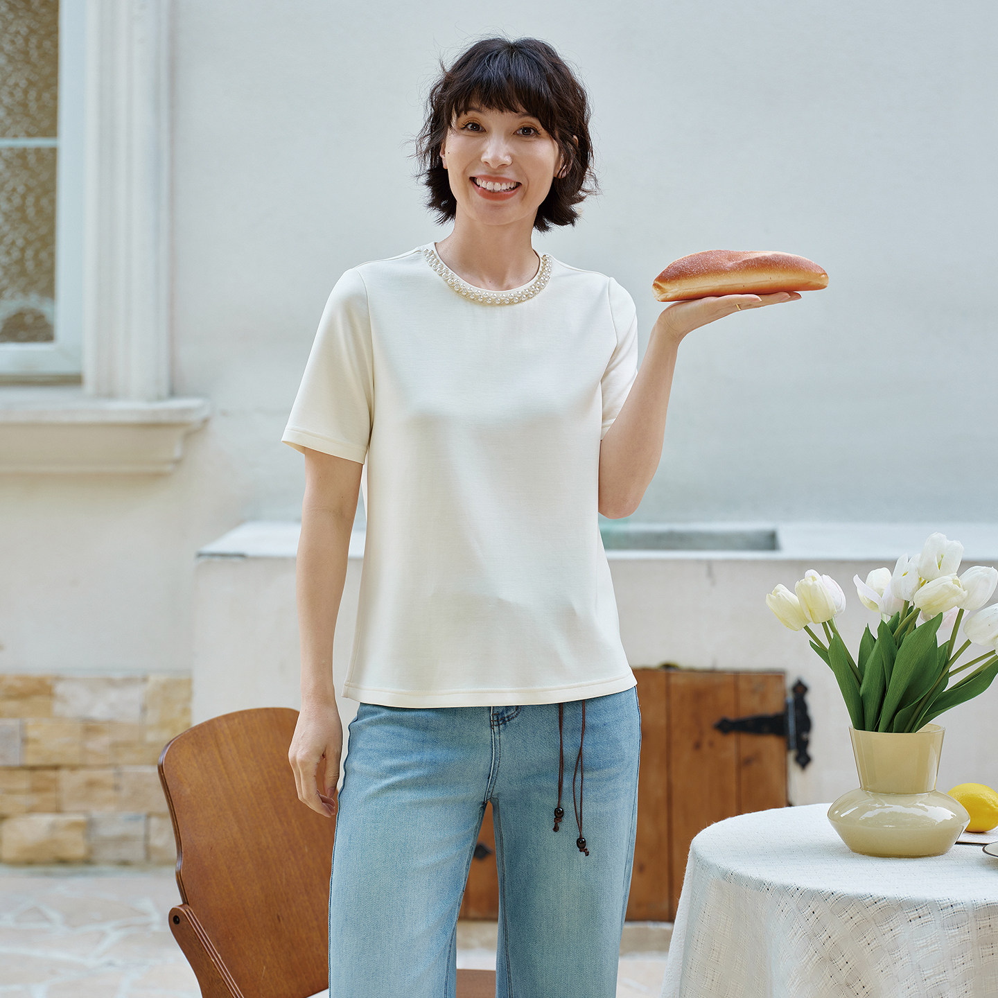 飞尼克斯手工珍珠领短袖T恤女2026夏季新款温柔雅致柔软亲肤半袖