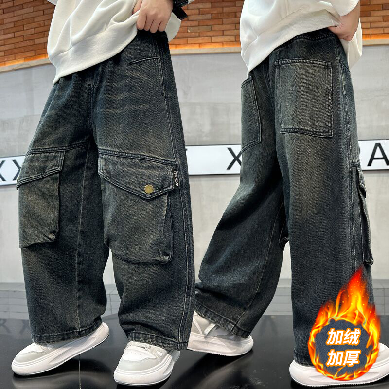 男童工装牛仔裤多口袋宽松直筒