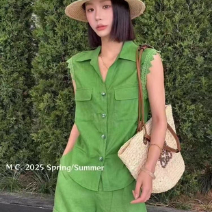 两件套纯色亚麻套装 现货夏季 短裤 polo领蕾丝边无袖 女 马甲衬衫