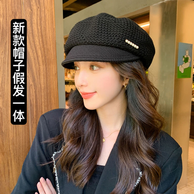 秋冬款帽子假发一体时尚八角帽女百搭洋气长卷发假发帽子带假发帽