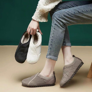 雪地棉女款2024秋冬新款宇航布料羊毛一脚蹬加绒防滑轻便妈妈棉鞋