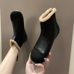 ins短靴女2020冬季 网红百搭平底复古牛筋低瘦瘦马丁靴女 棉靴新款