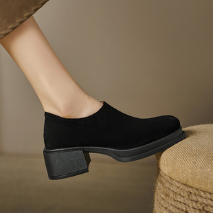 裸靴 2024春秋深口高跟鞋 复古磨砂粗跟单鞋 女防水台休闲小皮鞋