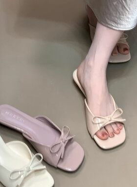2025年低跟方头凉鞋仙女风蝴蝶结