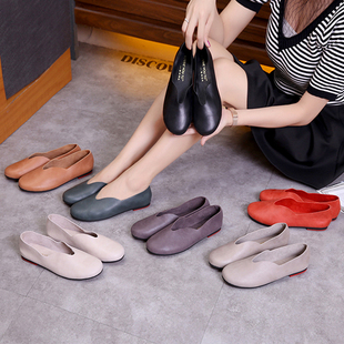 新款 圆头平底孕妇妈妈鞋 森女奶奶鞋 女真皮复古手工鞋 浅口单鞋 夏季