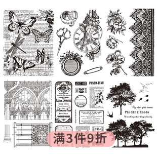 大号复古手账硅胶印章JunkJournal背景素材DIY剪切本爱丽丝橡皮章