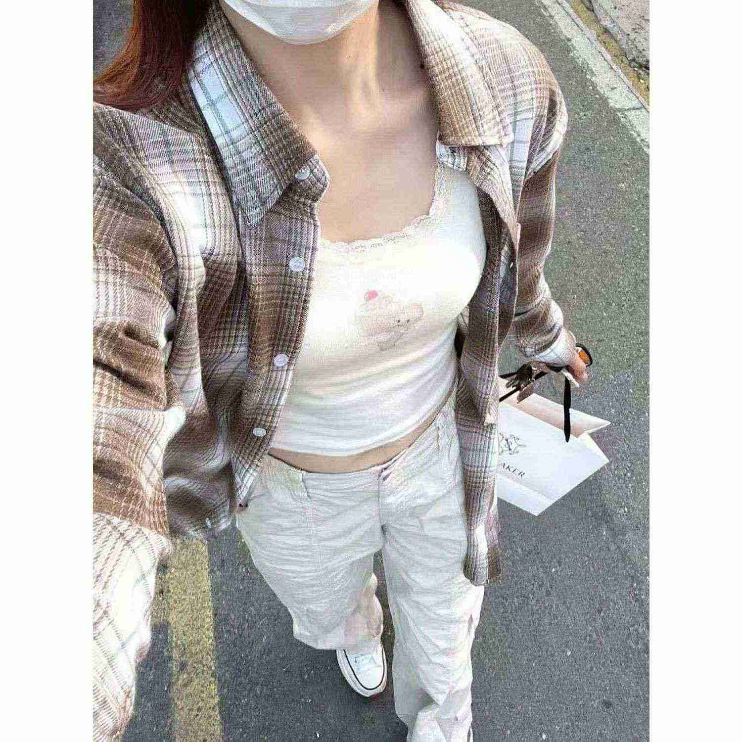 棕色格纹衬衫女2025新款宽松休闲百搭中长款情侣衬衣外搭ins潮流