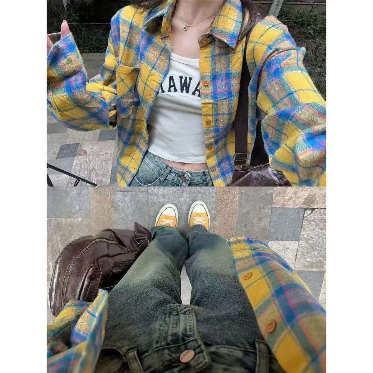 2025新款蓝黄色格纹衬衫外套女宽松显瘦中长款衬衣外穿百搭上衣服