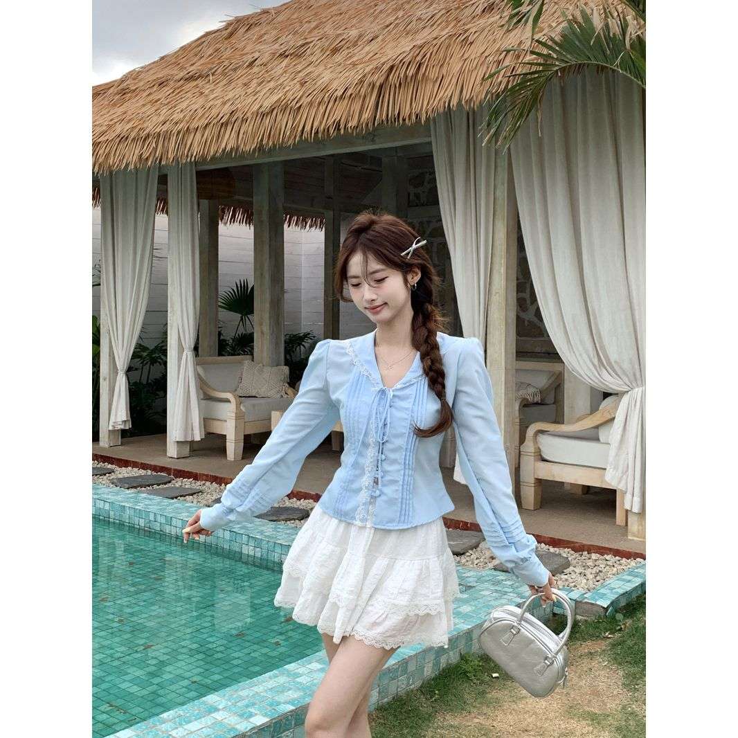 蕾丝花边海军领长袖衬衫女装2025春夏新款别致设计感短款修身上衣