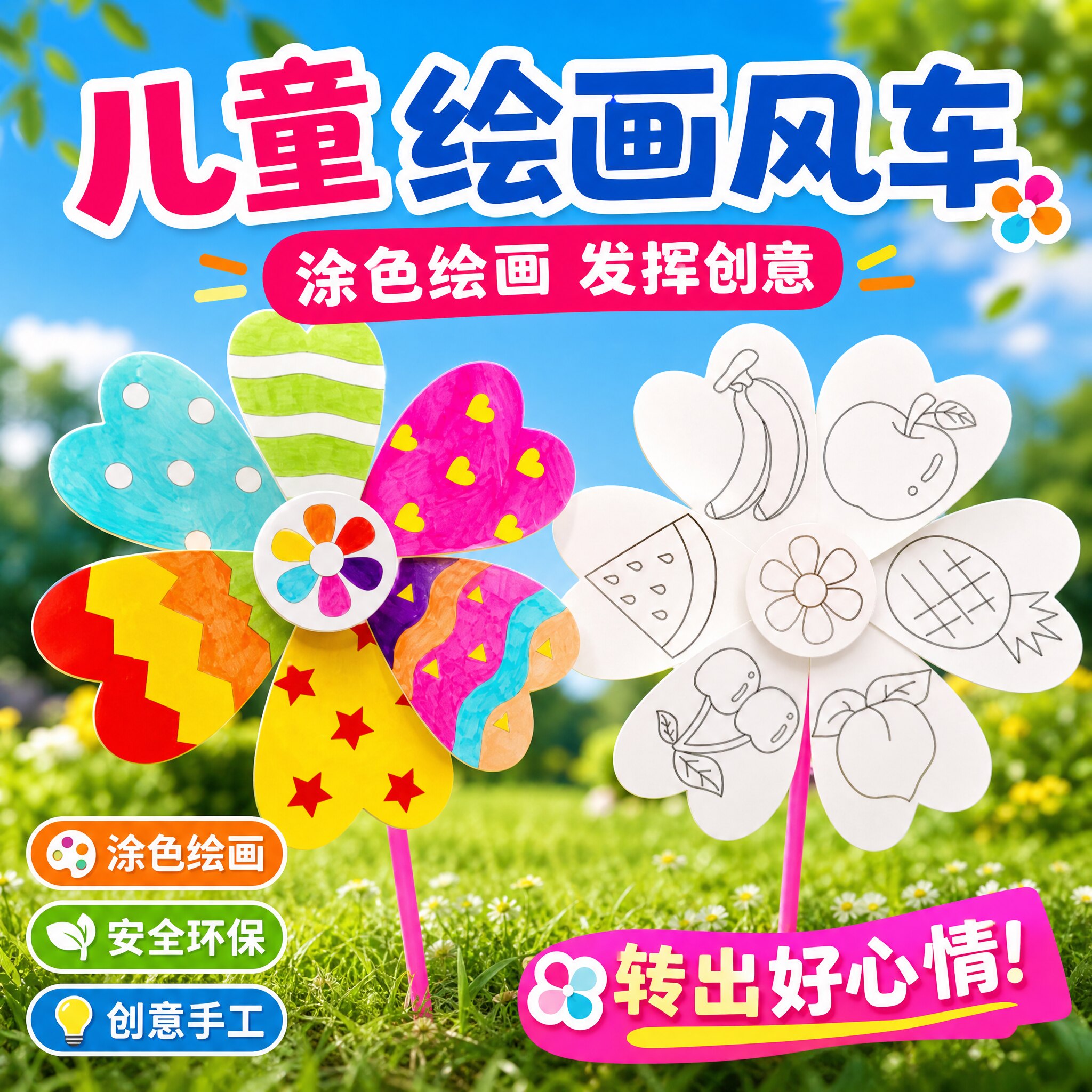 旋转装饰空白风车儿童手工DIY幼儿园制作材料包绘画涂鸦涂色益智