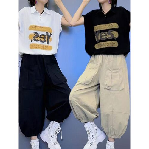 时尚减龄大码套装女2026夏季新款PO领字母T恤+大口袋灯笼裤两件套