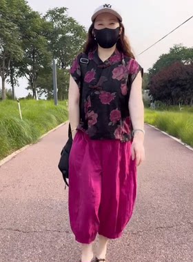 印花短袖盘扣上衣套装2026女夏季复古风气质高级感哈伦裤两件套潮