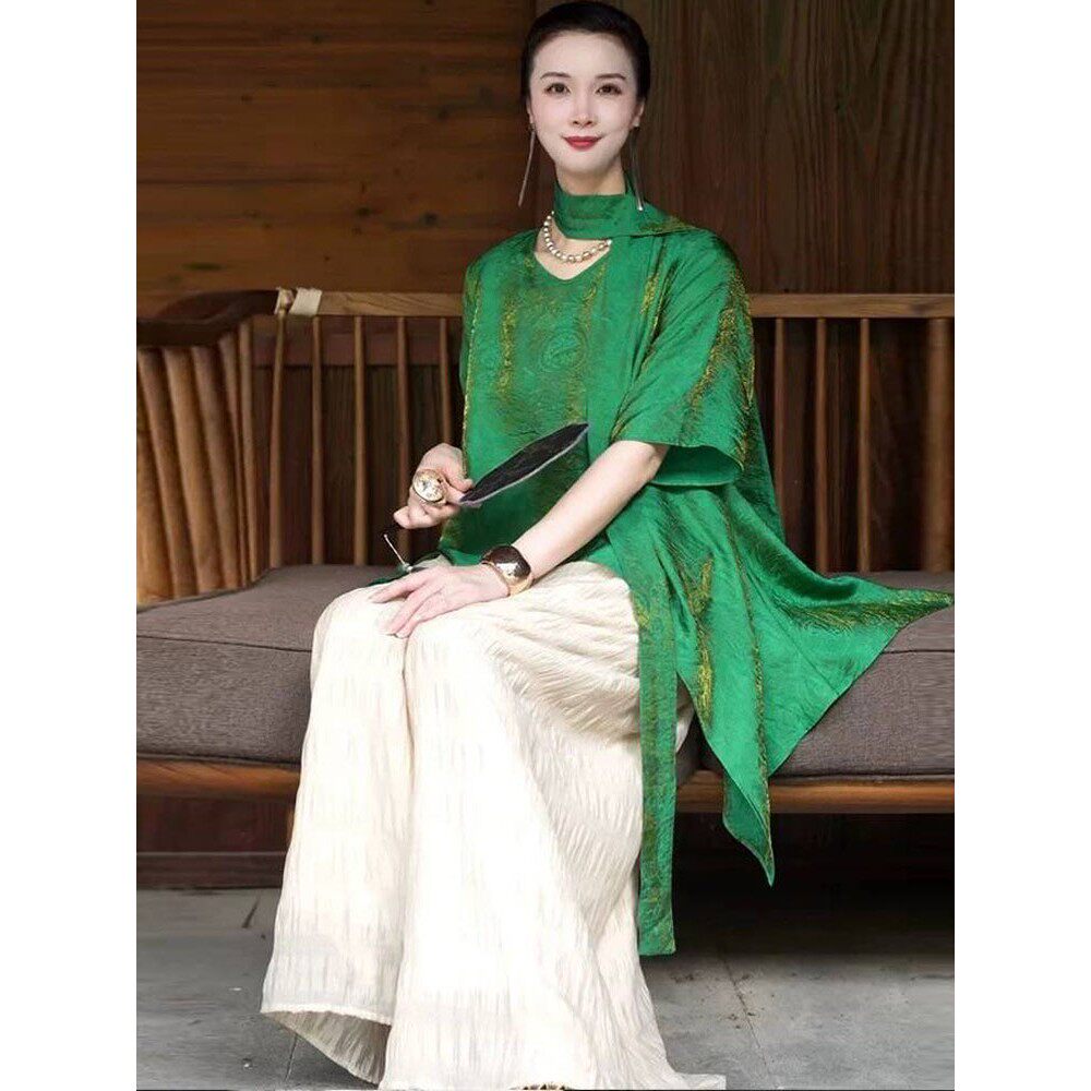 时尚套装女2025夏季新款短袖不规则上衣+中国风打邹裙裤子两件套